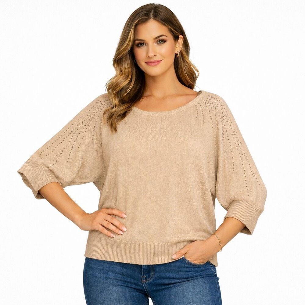 89th+Madison Beige Knit Top Dolman Sleeve Rhinestone Studs Women Medium Sweater